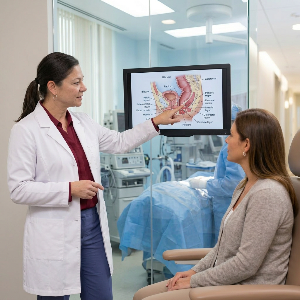 A consultation with pelvic floor anatomy on a diagram