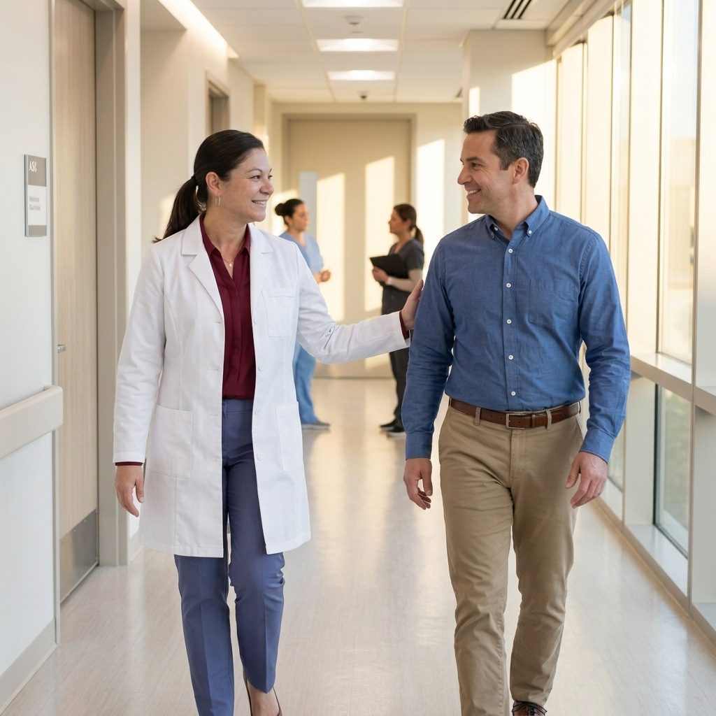Dr. Johnson walking with a patient in a clinic hallway