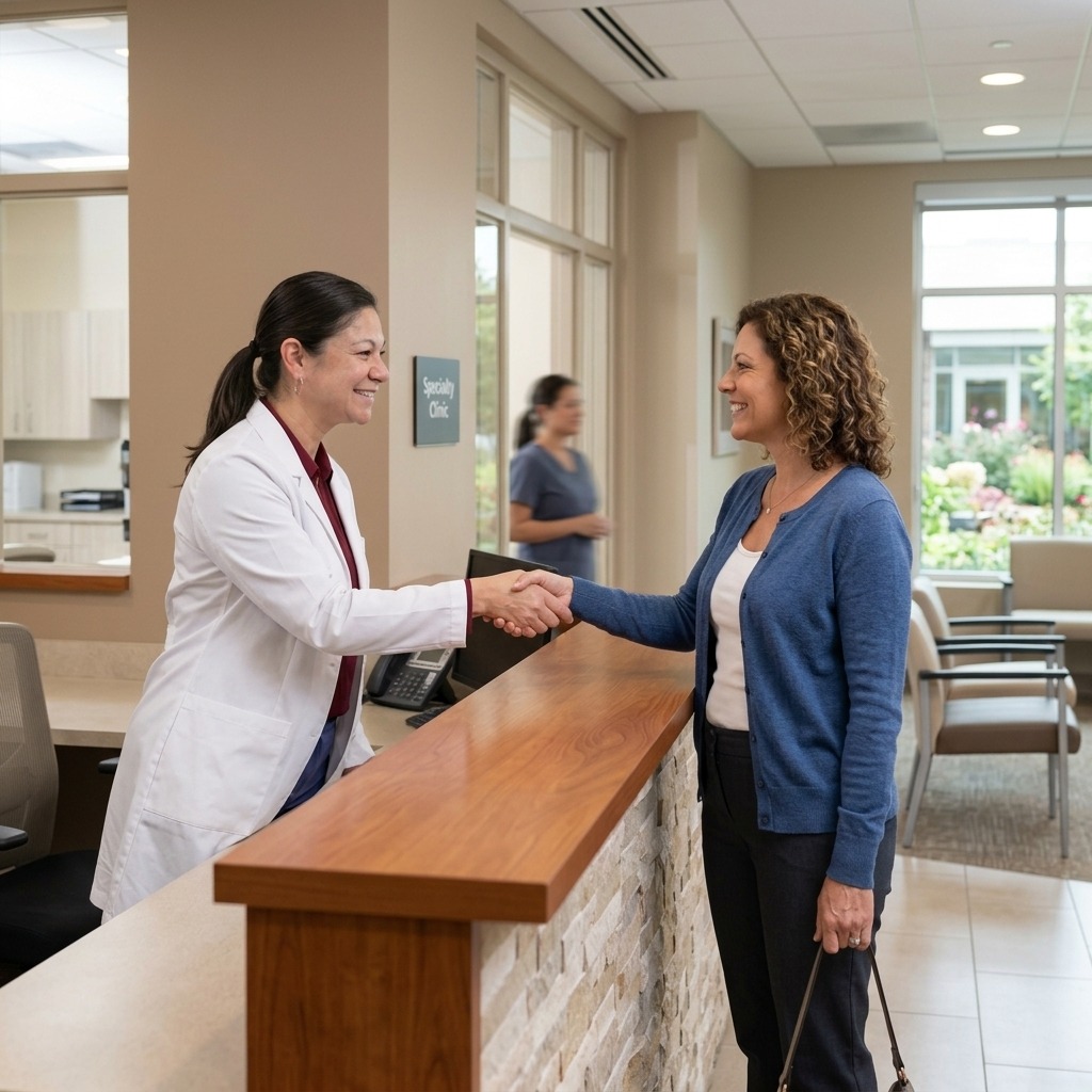 A patient walking out of an exam visit alongside Dr. Johnson