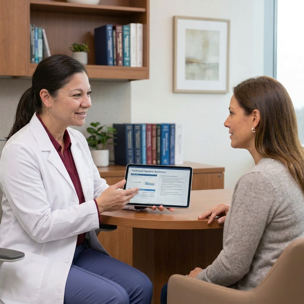 Dr. Johnson discussing a treatment plan with a patient on a tablet