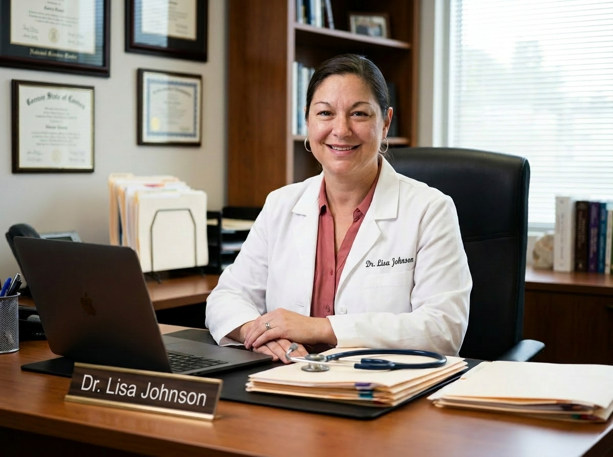 Dr. Johnson in consultation with a patient in a calm, private clinical setting